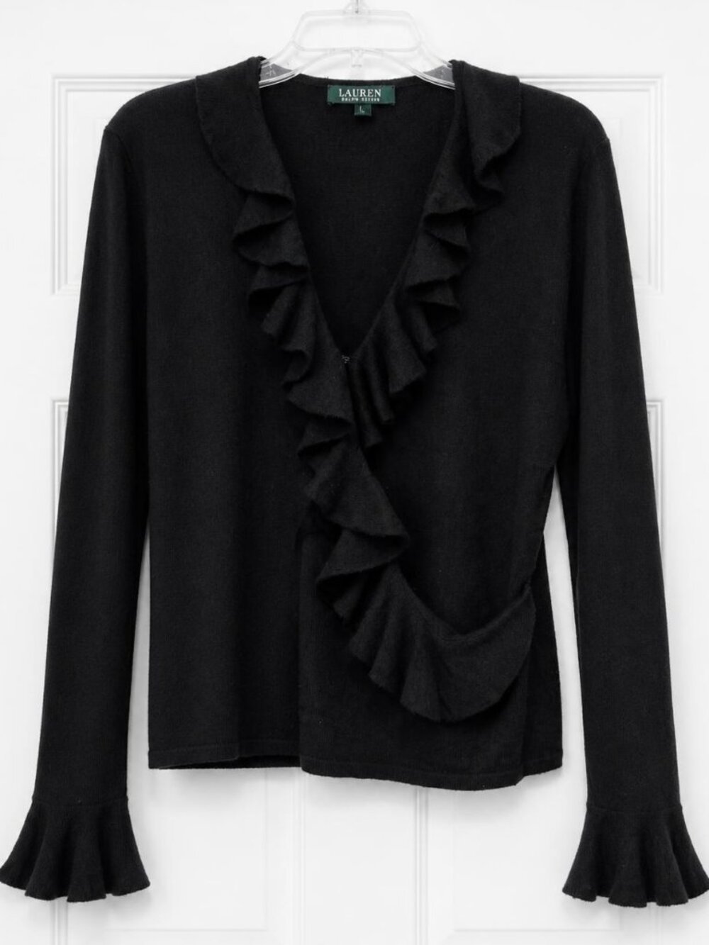 Ralph Lauren Black Silk Cashmere Ruffle Neck Sweater Size L Long Sleeve